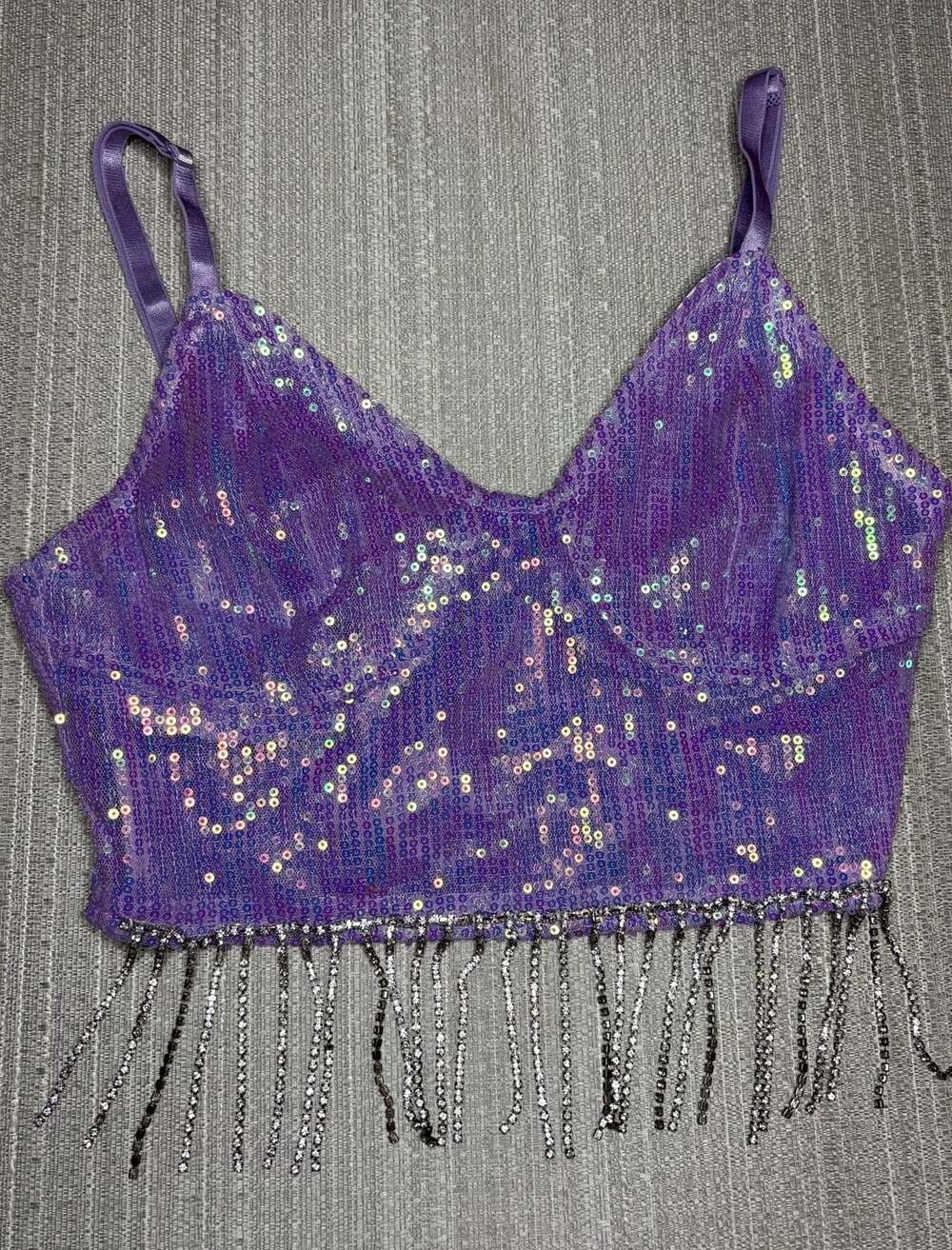 Purple Sequin Tassel Crop Top Festival Bra with Rhinestone Fringe
